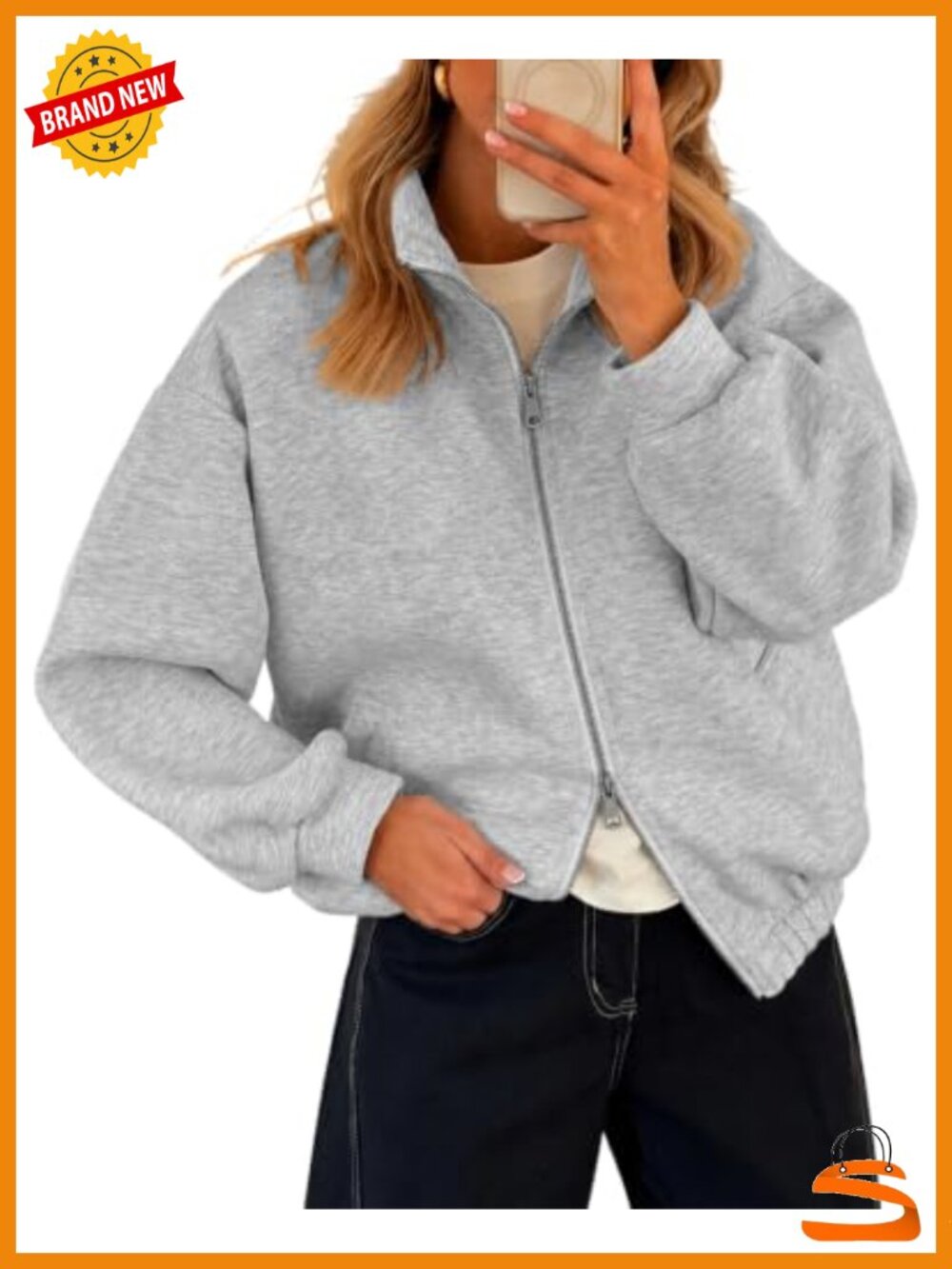 Fleece Zip Up Sweatshirt Women Two-Way Zipper Drop Shoulder Stand Collar Jacket